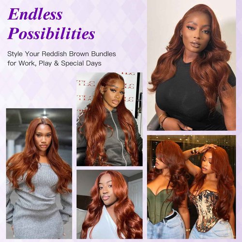 Light Reddish Brown Bundles with Closure Human Hair Body Wave, Color 30 Copper Brown 12A Brazilian Raw Virgin Human Hair 3 Bundles with 4x4 Closure Loose Wavy Quick Sew In Weave 10 12 14+10 Inch