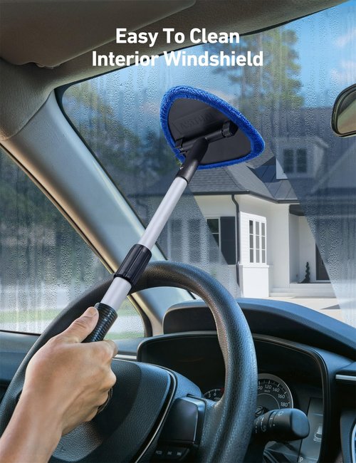 AstroAI Windshield Cleaner Tool, Car Interior Detailing Cleaning Kit with Extendable Handle and 4 Reusable Microfiber Pads, Auto Glass Wiper Brush Kit for Cars, Blue，15.9in-21in