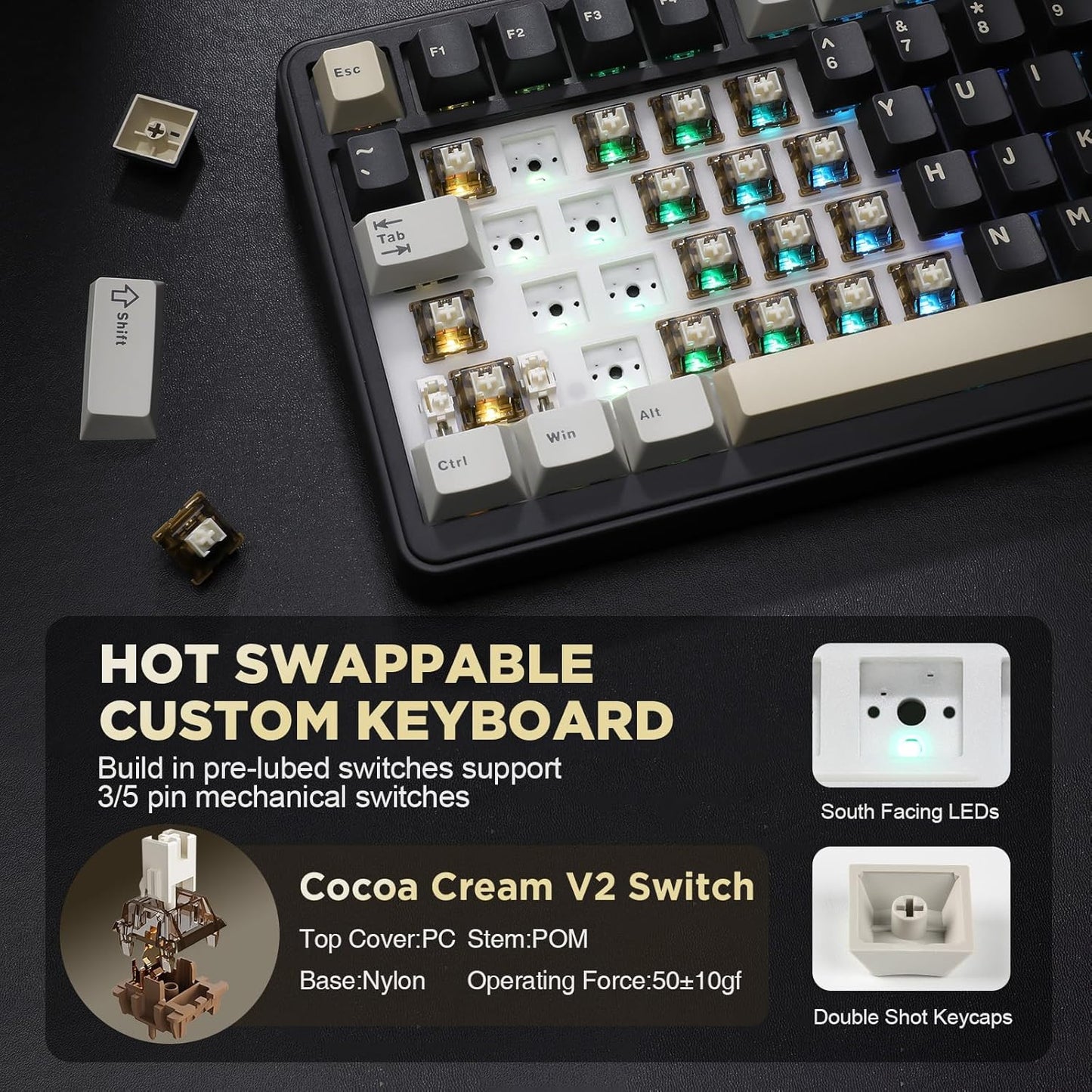 YUNZII B75 Mechanical Keyboard,75% Layout with Knob,Hot Swappable RGB Backlit Gasket Mounted, Creamy Typing, Double-Shot PBT Keycaps,Cherry Profile,for Win/Mac (White, Milk V2 Linear Switch)