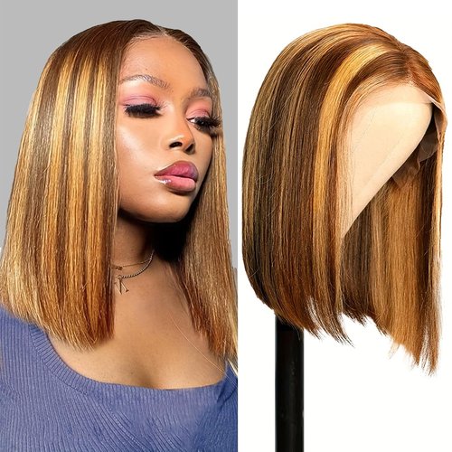 Highlight Bob Wig Human Hair Ombre Honey Blonde 13x4 Lace Frontal Wigs for Black Women 4/27 Bob Lace Front Wig Brazilian Virgin Human Hair Bob Wig 180% Density Pre Plucked with Baby Hair 14inch