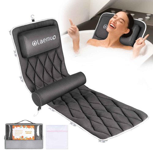 Full Body Bath Pillow Bathtub Pillows-Removable Lumbar Cushion with 17 Non-Slip Suction Cups 4D Air Mesh Fit Any Tub Luxury Bathroom Accessories-Grey