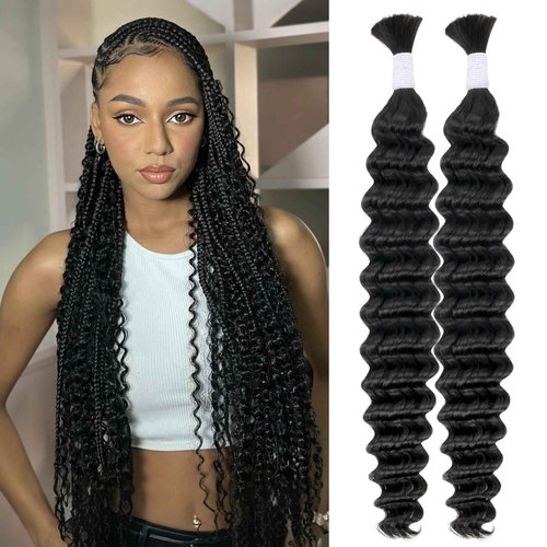 Deep Wave Bulk Human Hair for Braiding 10A Brazilian Curly 100 percent Human Hair 2 Bundles No Weft micro Human Braiding Hair for Boho Braids Virgin Hair Extension(Natural Black, 100g 28")