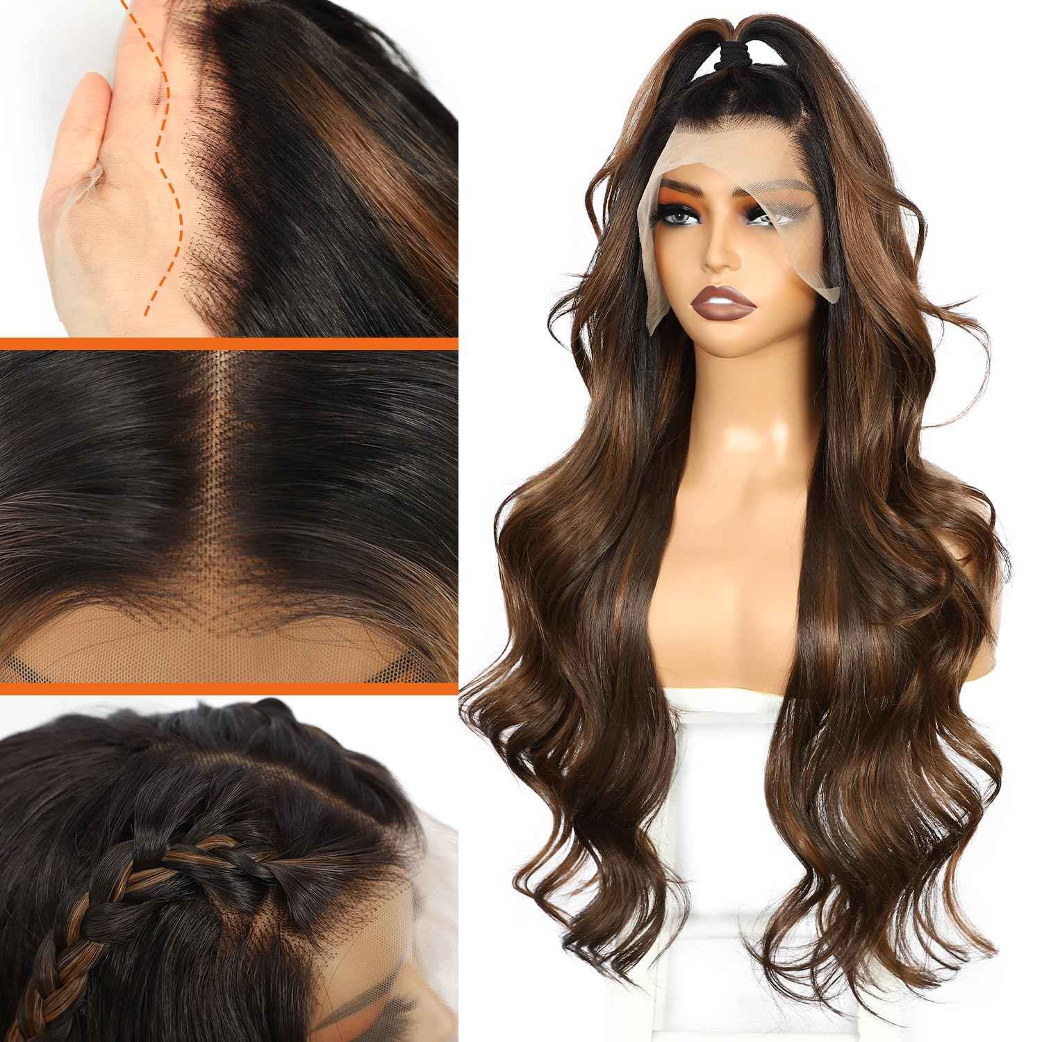 LLEI'Z Ombre Dark Brown Wavy Wig for Women, 13x4 Transparent Lace Front Long Dark Brown Wigs Middle Part Wavy Natural Looking Synthetic Heat Resistant Fiber for Daily Party Use 26 Inch