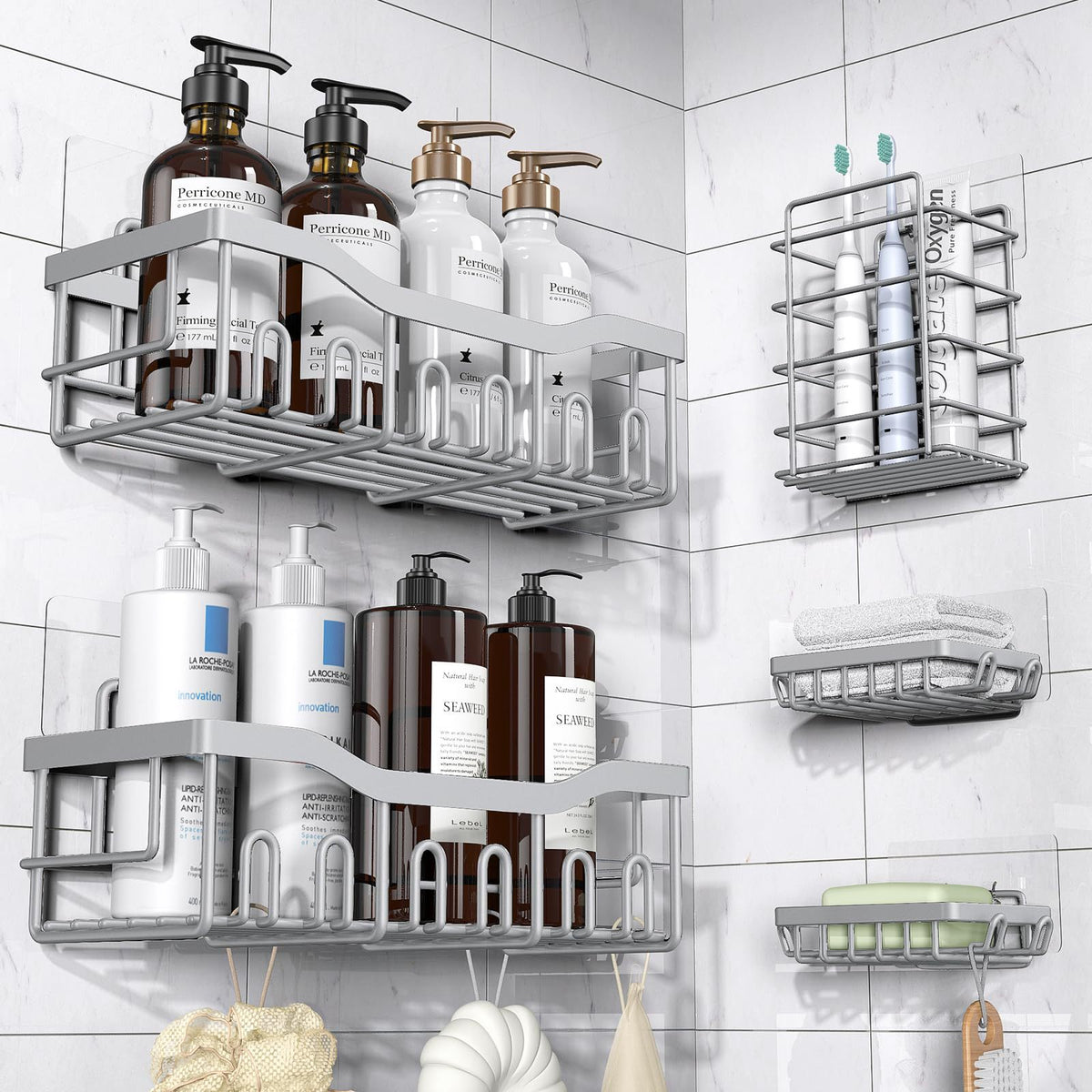 Five-Piece Bathroom Storage Rack Set - Stainless Steel Modern Organizer