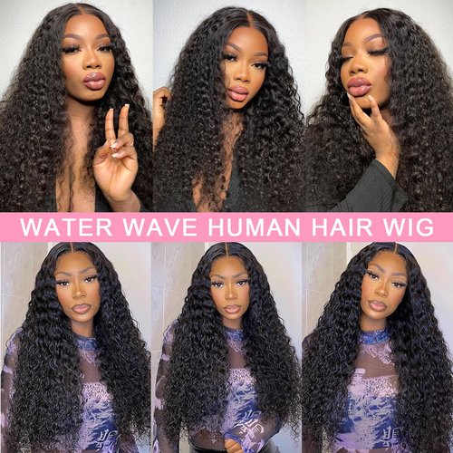 Tryfey Human Hair Water Wave Lace Front Wigs 13x4 HD Transparent Swiss Lace 180% Density Black 22inch