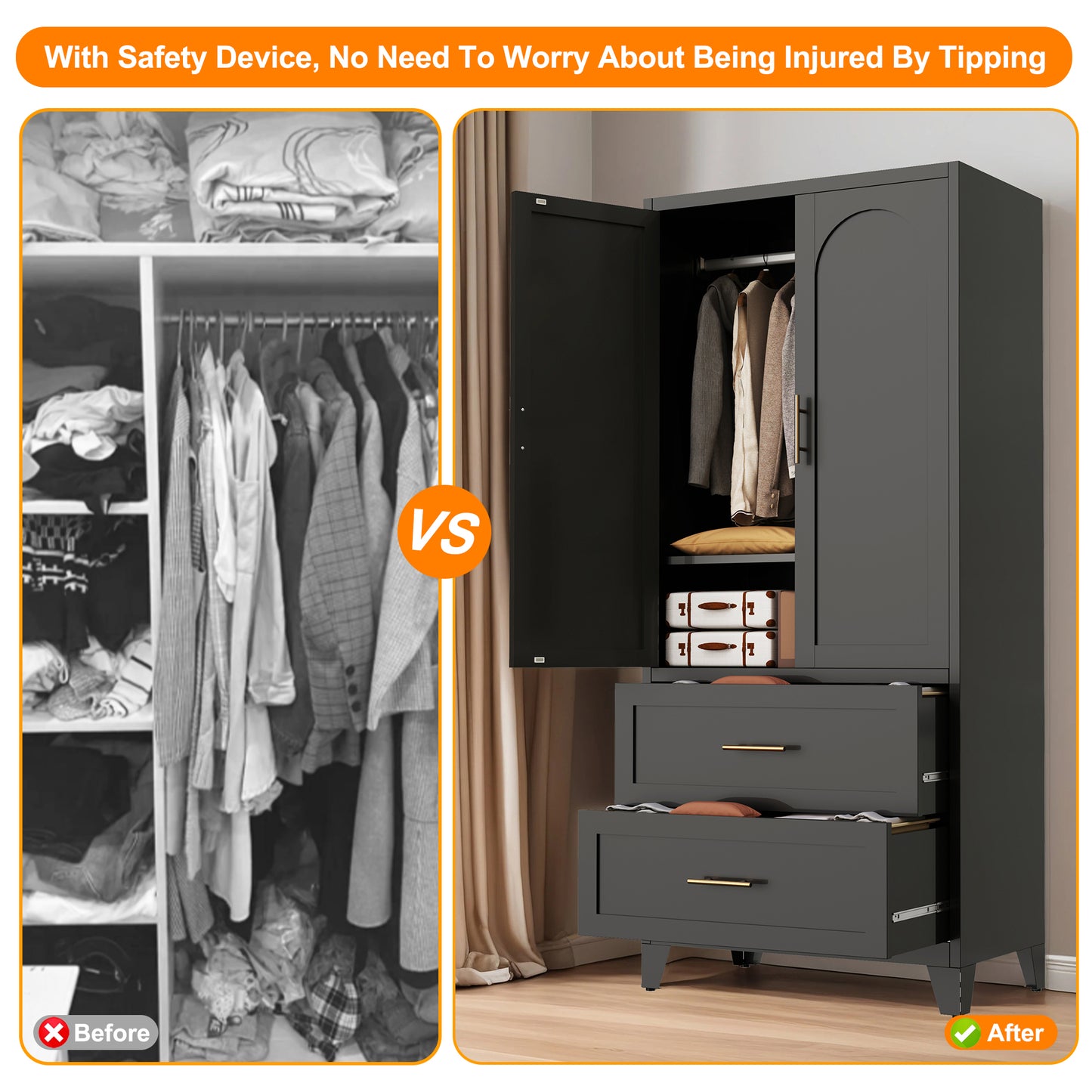 71" Tall Metal Wardrobe Cabinet with 2 Drawers & Shelf - Black