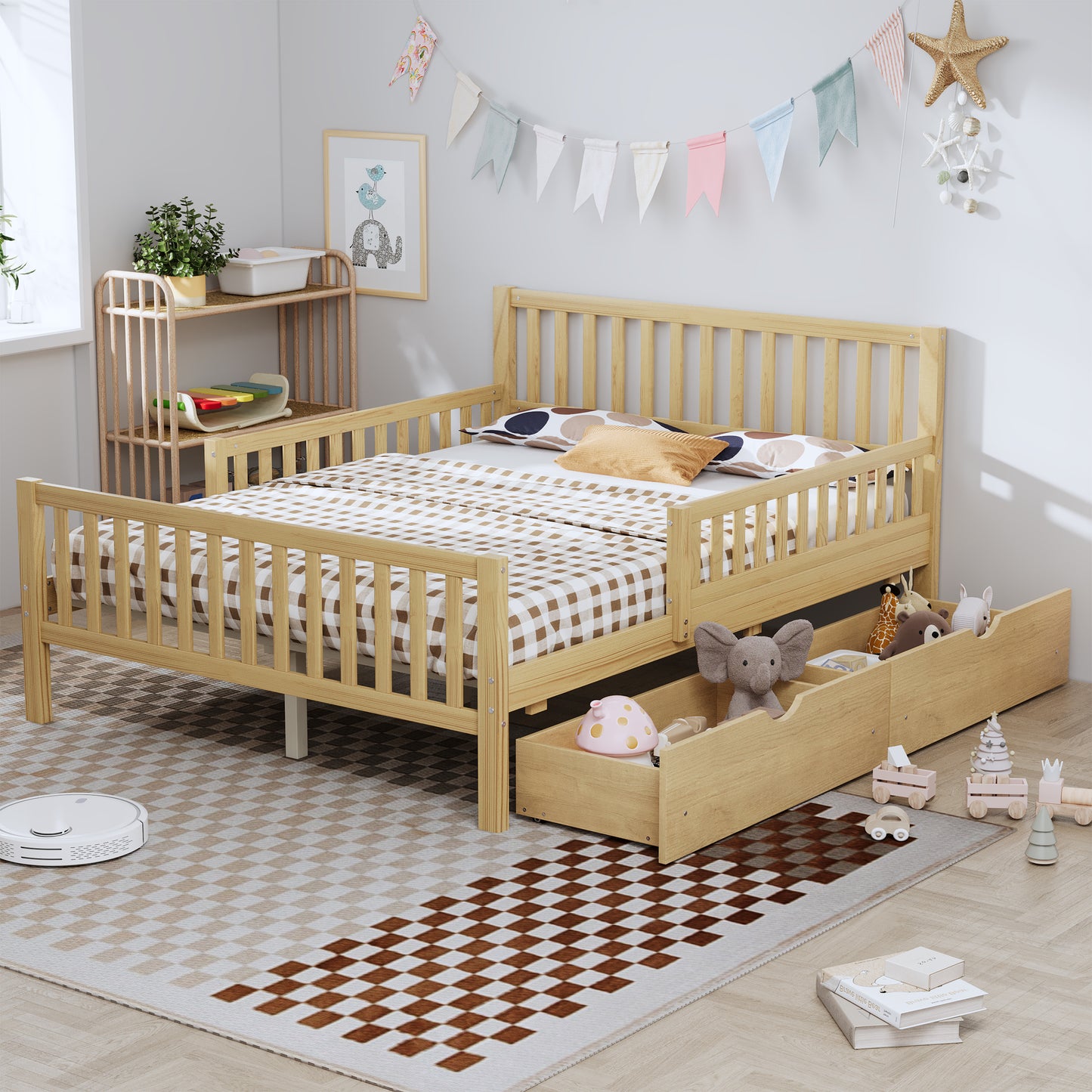 Full Size Wood Platform Bed With Guardrails On Both Sides And Two