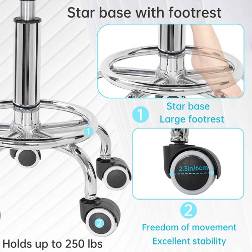 IBVIVIC PU Leahter Rolling Stool Height Adjustable Round Swivel Stools for Spa Salon Massage Work Chair with Foot Rest White