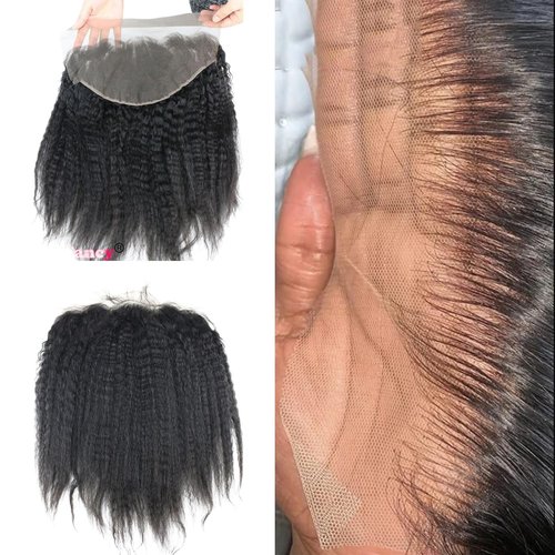 Voloria 13x6 Kinky Straight Closures Ear To Ear Free Part Brazilian Remy Virgin Human Hair with Baby Hair Invisible Knots Natural Color 14INCH