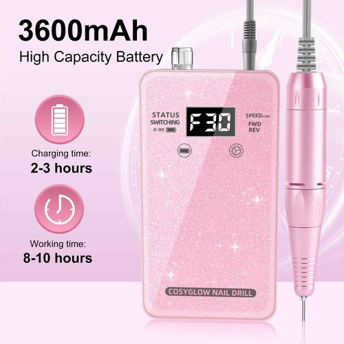 Professional Electric Nail Drill File: COSYGLOW Glitter Portable E-File Nail Drill Kit with11 Drill Bits Pink&Black