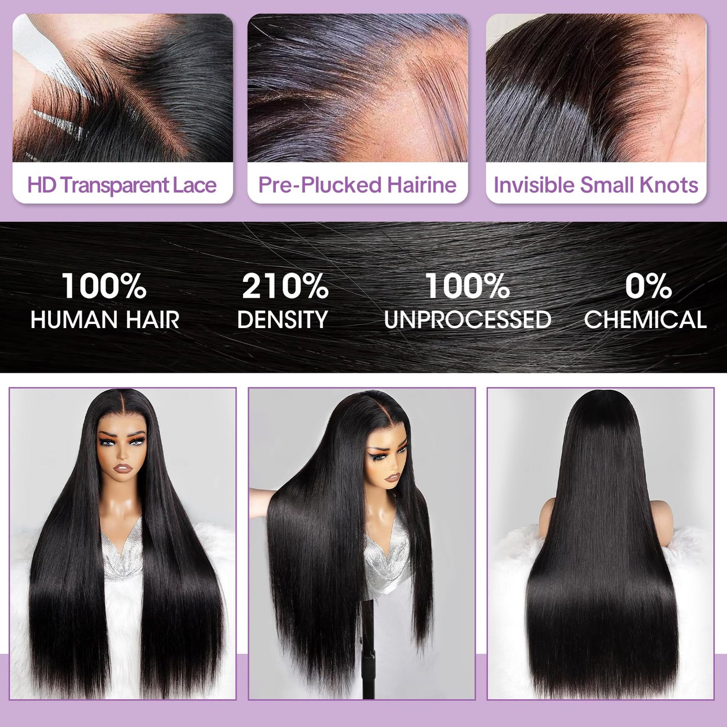 Minqisheng 13x6 Straigt Lace Front Wigs Human Hair Pre Plucked HD Transparent Lace Frontal Wigs Human Hair 210% Density Glueless Human Wigs with Baby Hair for Women 26 Inch