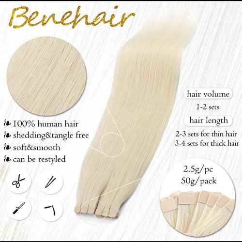 Benehair Tape-in Hair Extensions - Human Hair, Platinum Blonde, 18 Inch, 20pcs, 50g/pack, Straight, Seamless, Natural, Women's 18" #60