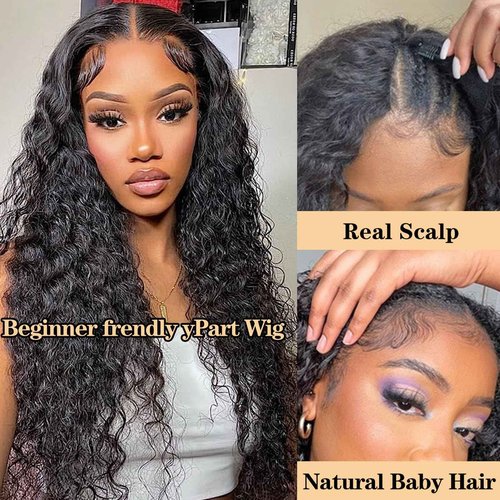 V Part Wig Human Hair Water Wave No Leave Out Upgrade U Part Wig for Black Women 180% Density Water Curly Glueless V Part Human Hair Wigs No Glue No Sew Clip In Half Wig Beginner Friendly (16 Inch)