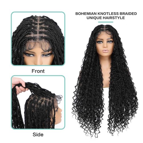 Humistwbiu Boho Box Braid Knotless Goddess Locs Wigs with Curly Ends Double Full Lace Square Synthetic Braided Wigs with Baby Hair for Woman Natural Black 36 Inch
