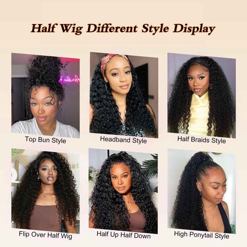 XSY Half Wig Human Hair Deep Wave 20 Inch Curly Half Wig 3 In 1 Drawstring Seamless Flip Over Glueless Wear and Go Half Wigs for Black Women Beginner Friendly 180% Density Natural Black