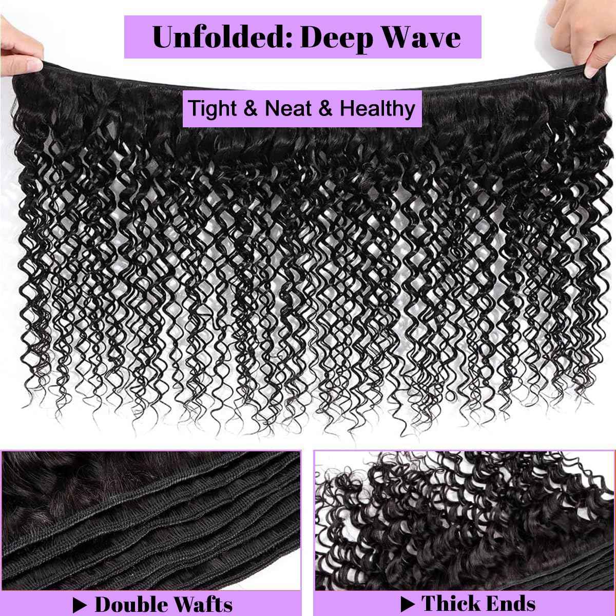 Human Hair Bundles with Closure (20 22 24+18 Closure) Deep Wave Bundles with Closure 100% Unprocessed Brazilian Virgin Curly Closure with Bundles Human Hair Weave with 4x4 Lace Closure Natural Color