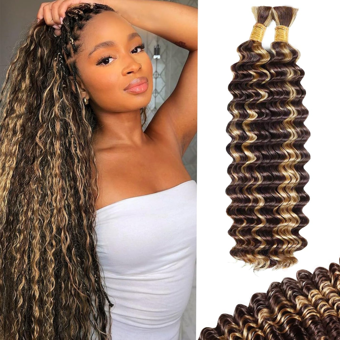 Human Braiding Hair Deep Wave Bulk Human Hair for Braiding 4/27 Honey Blonde No Weft Curly Braiding Hair Extensions for Boho Braids Wet and Wavy Braiding Human Hair Bundles 30 Inch 100g