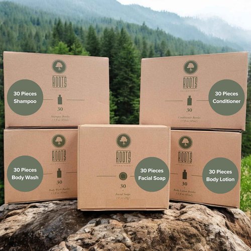 ROOTS AROMATHERAPY 150 Piece Airbnb Essentials for Hosts,Hotel Shampoo & Conditioner Supplies for Guests, Body Wash Lotion & Soap, Travel Size Toiletries Bulk Mini Sets Hygiene Kits Bar Soaps Air Bnb