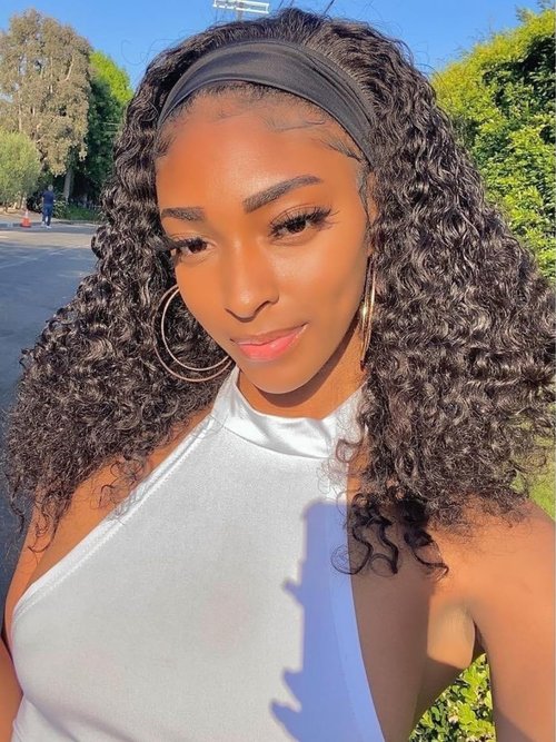 Liwsizxk Water Wave Headband Wig Human Hair 16inch Curly Drawstring Headband Wigs Human Hair Wear and Go Glueless Wigs for Black Women Brazilian Virgin Hair 220 Density Natural Color