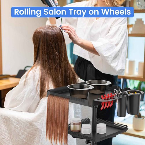 Rolling Salon Tray on Wheels with Braiding Hair Platform, Metal Salons Tray Cart with 2 Magnetic Bowls, Hairstylist Tray for Salon Station, Height Adjustable Salons Trolley Cart for Salon&Spa Use