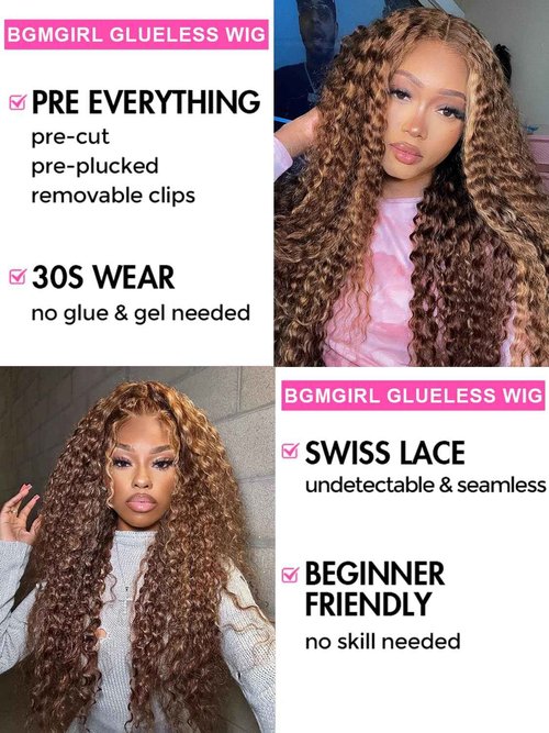 BGM GIRL Highlight Glueless Wig Human Hair 7x5 HD Lace Water Wave Wig 4/27 Color 180% Density Pre Plucked Invisible Knots Pre Cut Lace Wear Go Deep Wave Wigs for Women Beginner Friendly 16 Inch