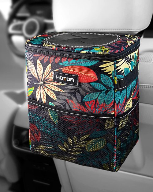 HOTOR Car Trash Can with Lid and Storage Pockets - 100% Leak-Proof Organizer, Waterproof Garbage Can, Multipurpose Trash Bin for Car, 2 Gallons, Autumn Leaves