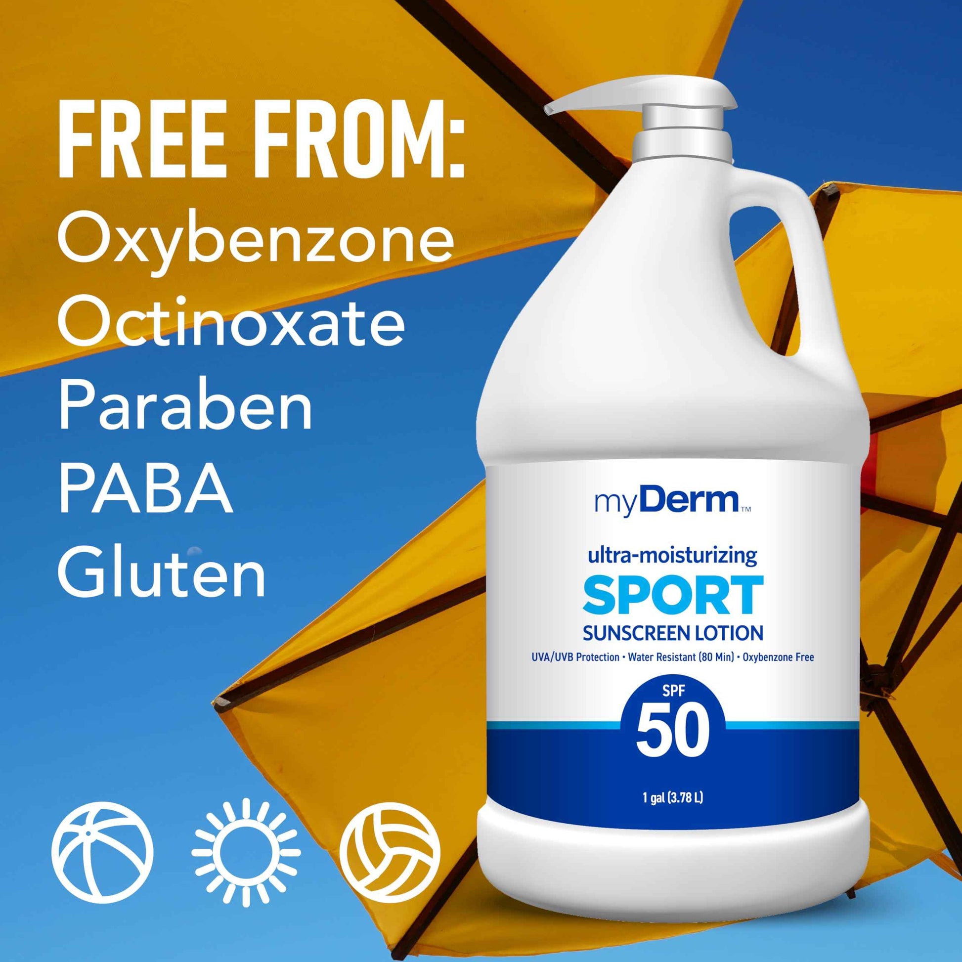 MyDerm Ultra-moisturizing SPF 50 Sport Sunscreen Lotion, Free from Octisalate, Oxybenzone, Octinoxate and Parabens, Hawaii 104 Reef Act Compliant, 128 oz (1 Gallon), Broad Spectrum UVA/UVB Protection