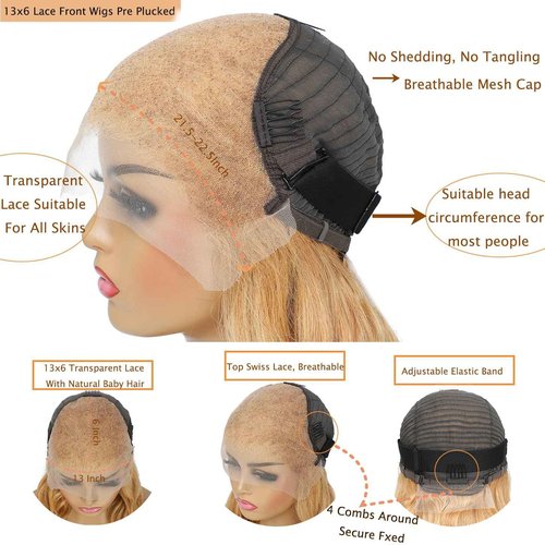 Fugool Honey Blonde Lace Front Wig 13x6 HD Lace Front Wigs Human Hair Pre Plucked 27# Blonde Body Wave Lace Wig 180 Density Colored Glueless Frontal Wigs For Black Women Human Hair 13x6 22 Inch