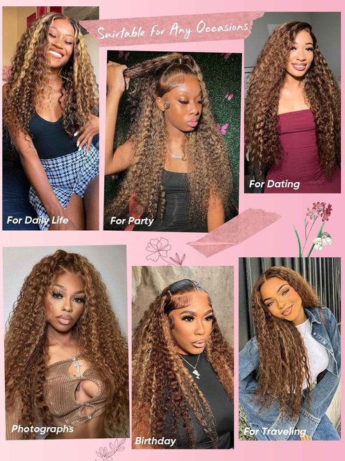 NOELLA Highlight Ombre Lace Front Wigs Human Hair 13x6 Honey Blonde Water Wave Curly Highlighted Wig Human Hair 22 Inch 210% Density Wet and Wavy HD Lace Frontal Glueless Wig For Black Women