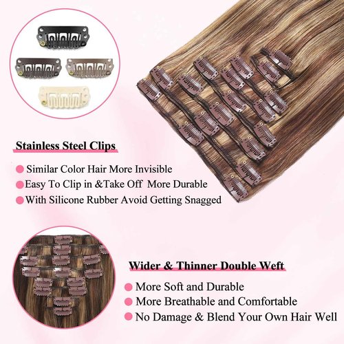 Clip in Hair Extensions Real Human Hair, Seamless Clip ins Real Human Hair for Women, Balayage Remy Human Hair Clip in Extensions, Double Weft 8pcs 22 inch Chocolate Brown to Caramel Blonde
