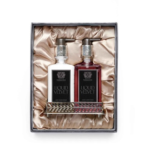 Antica Farmacista Nickel Bath & Body Gift Set - Hand & Body Wash (10 oz), Body Moisturizer (10 oz) & Nickel-Plated Tray - Self-Care Gift Box for Holidays & Housewarming - Liquid Velvet
