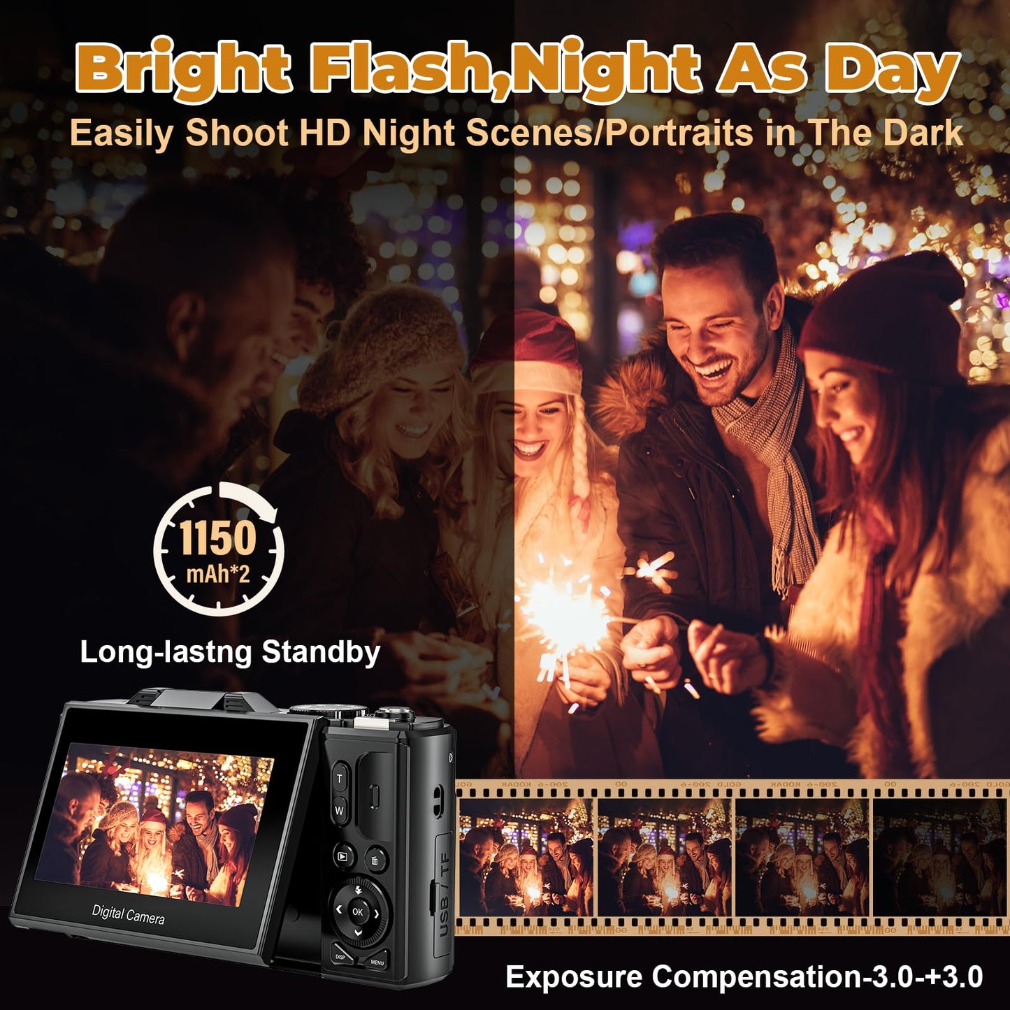 4K Digital Camera - Digital Cameras for Photography - 64MP Vlogging Camera for YouTube - Autofocus Video Camera 3" 180° Flip Screen with 18X Zoom - Compact Travel Cameras with 32GB SD Card 2 Batteries