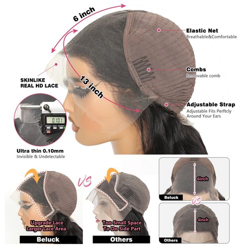 Beluck 14 lnch 13x6 Hd Full Lace Front Wigs Human Hair Pre Plucked Pre Cut, Body Wave Lace Frontal Wigs Human Hair, 15A 3D Dome Cap Ready To Wear Glueless Bleached Knots Lace Front Wig