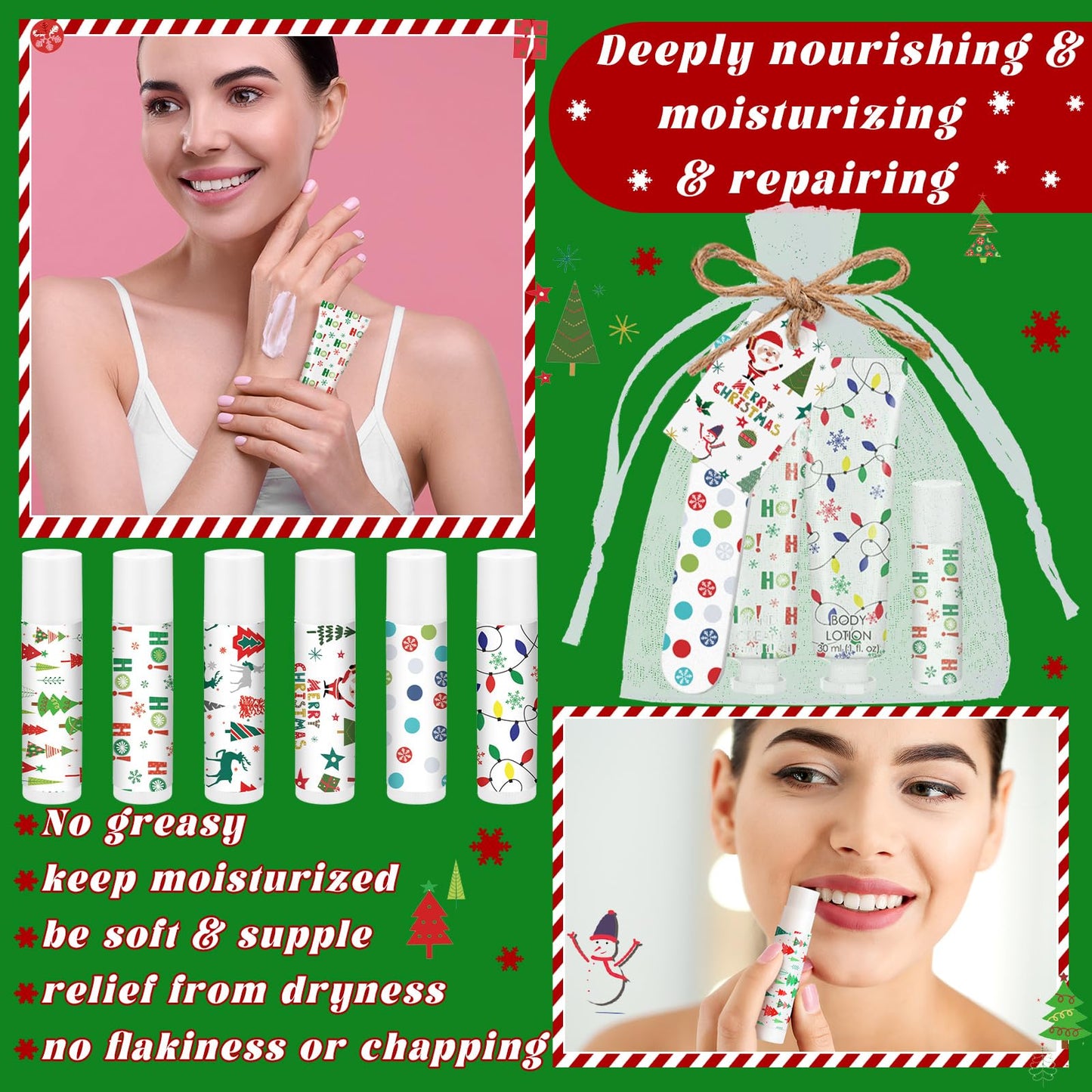 48 Sets/288 Pcs Christmas Party Favors Christmas Hand Cream Body Lotion Lip Balm Nail File Gifts Set Xmas Stocking Stuffers Travel Size Lotion Bulk Holiday Party Supplies for Coworkers Women Adults
