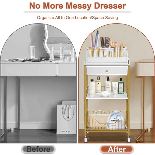 NauwaBarn Makeup Organizer Cart with Drawer, 2-in-1 Rolling Organizer Cart with Hair Tool Holder, Vanity Storage for Skincare, Perfume, Nail Polish, Cosmetics, Gold Finish