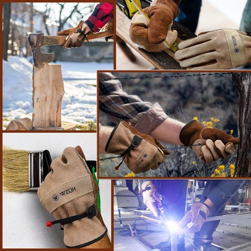 WZQH Leather Work Gloves for Men or Women. Small Glove for Gardening, Tig/Mig Welding, Construction, Chainsaw, Farm, Ranch, etc. Cowhide, Cotton Lined, Utility, Firm Grip, Durable. Coffee-grey S