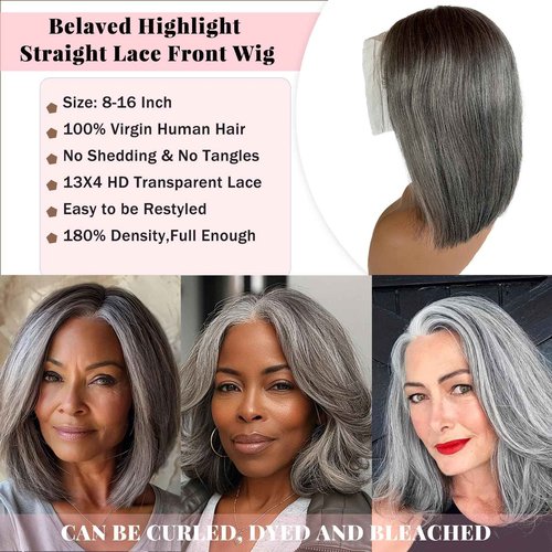 Belaved Bob Lace Front Wigs Human Hair Grey Salt & Pepper 12 Inch Ombre Silky Straight Balck Mix Grey Short Bob 13x4 HD Lace Frontal 180% Density Pre Plucked Bleached Knots Glueless