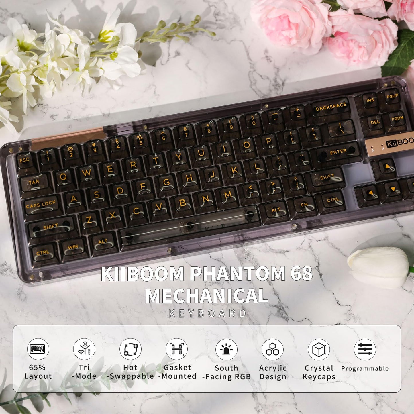 KiiBoom Phantom 68 65% Hot Swappable Crystal Gasket-Mounted Mechanical Keyboard, BT5.0/2.4GHz/USB-C Wired Wireless NKRO Gaming Keyboard with South-Facing RGB, 4000mAh Battery for Win/Mac(Black)