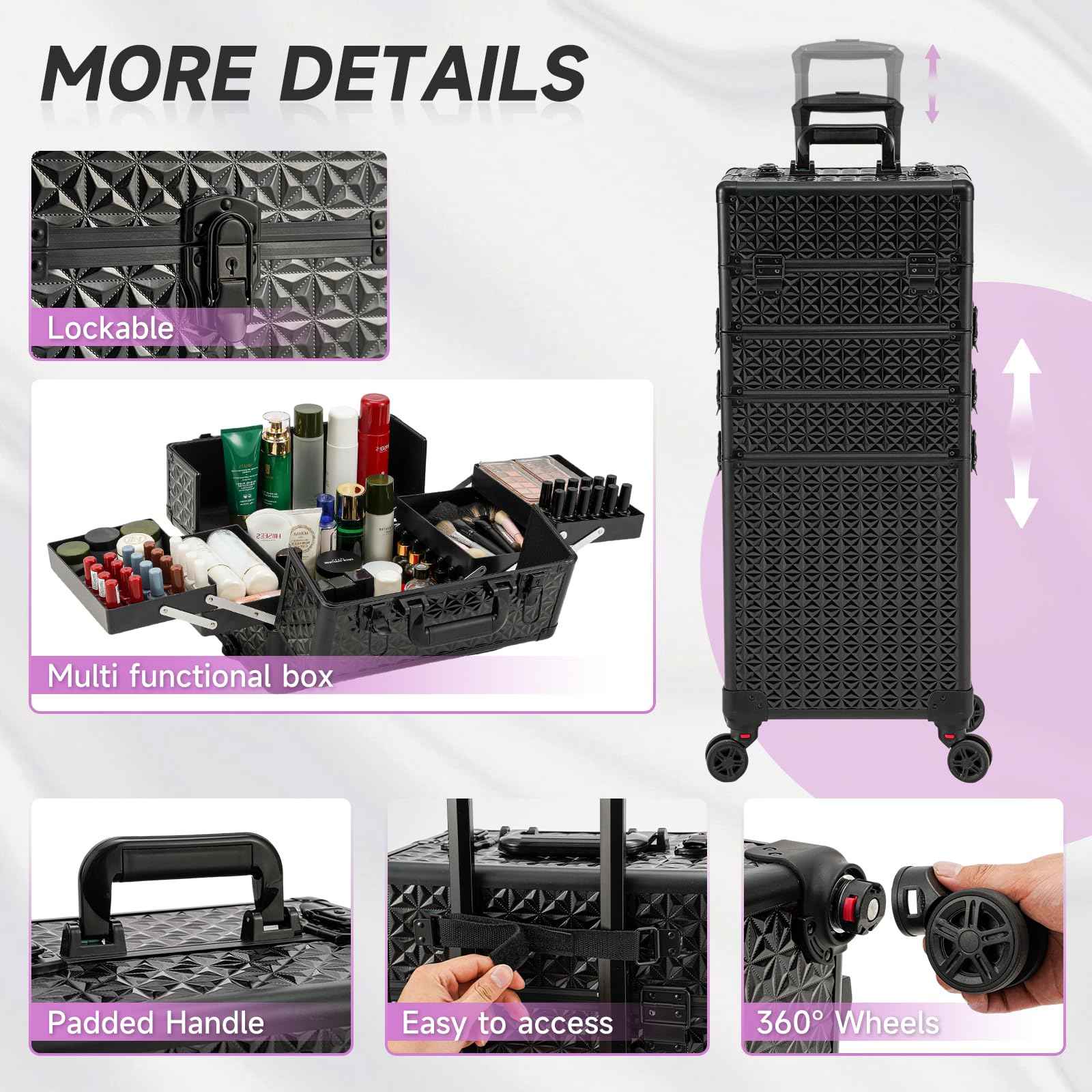 Leeora&Leekoo Portable Multi-Storey Nail Case for Nail Tech Organizer - Wheels Makeup Case Organizer, Cosmetic Case, Makeup Train Case, Make Up Case (Black)