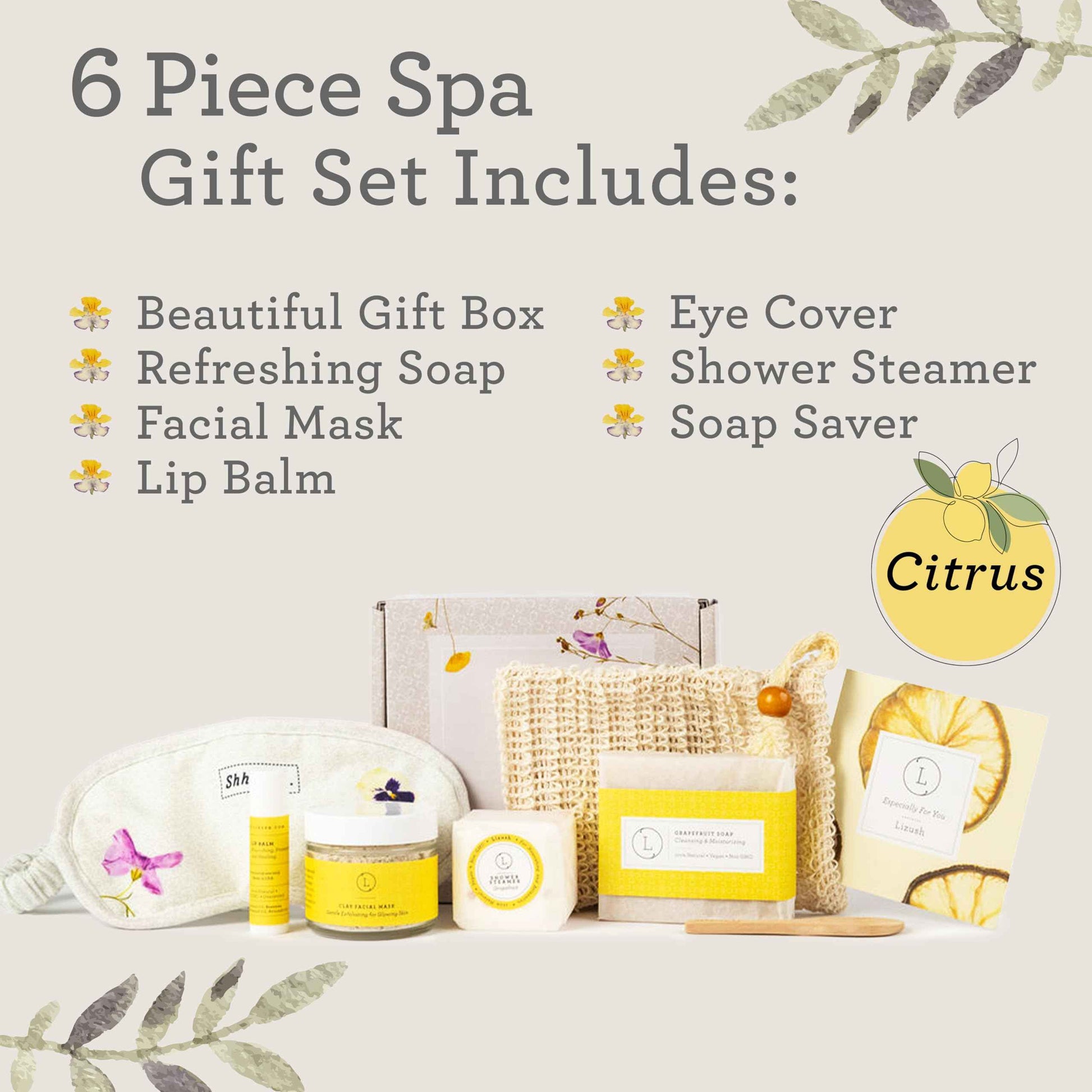 Lizush Luxury Spa Gifts for Women - 6 Piece Citrus Spa Gift Baskets for Women, Relaxation Birthday Gift Set, Handmade in the USA, Self Care Gift Sets For Wife, Mom, Co-Worker, Best Friend