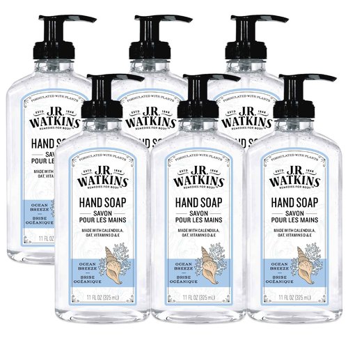 J.R. Watkins Gel Hand Soap, Scented Liquid Hand Wash for Bathroom or Kitchen, USA Made and Cruelty Free, 11 fl oz, Ocean Breeze, 6 Pack