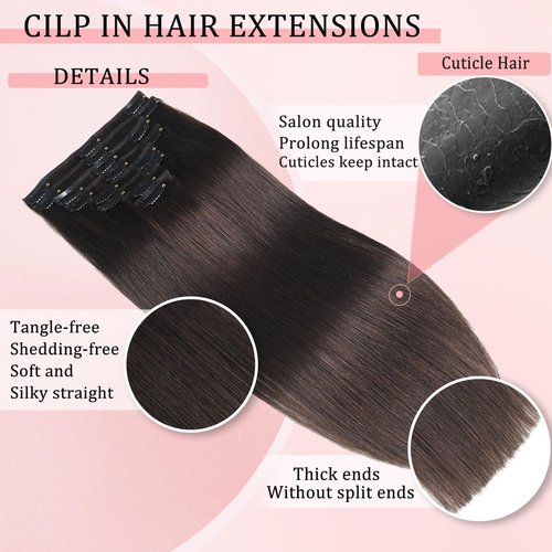 Clip in Hair Extensions Real Human Hair Clip in Extensions for Women Seamless Invisible Dark Brown Natural Remy 100% Human Clips ins Extension 8pcs Double Weft 20 inch 3.7oz/105g