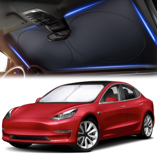 Tesla Windshield Sun Shade for Model(3/Y)(2016–2025) – XX-Large 56" x 36", Foldable Front Sunshade with Storage Bag | Reflective 240T Polyester | Blocks UV Rays&Heat – Interior Protection Accessory