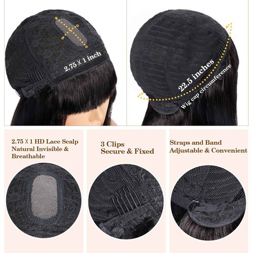 Benehair 14 Inch Light Yaki Straight Human Hair Wig Bob Wig with Bangs 2.75x1 Realistic Look Lace Glueless Wigs Human Hair Blunt Cut Short Black Bob Wig with Bangs 180% Density Natural Black