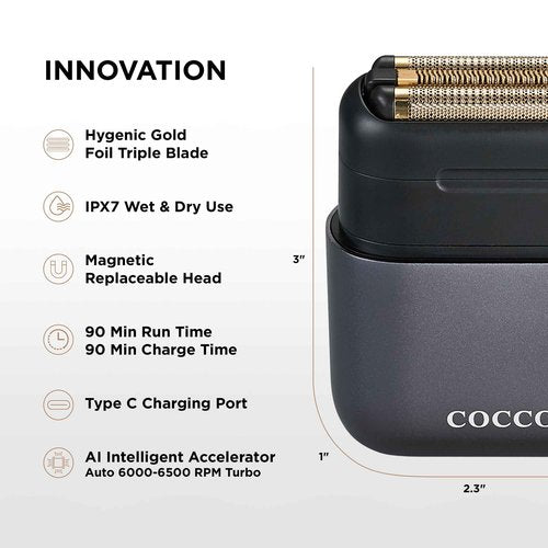 COCCO IMPACTO Shaver, Hygienic Gold Foil Triple Blade, White, Wet & Dry Use, Magnetic Replaceable Head, Intelligent Accelerator, 90 Min Run Time (Gray)