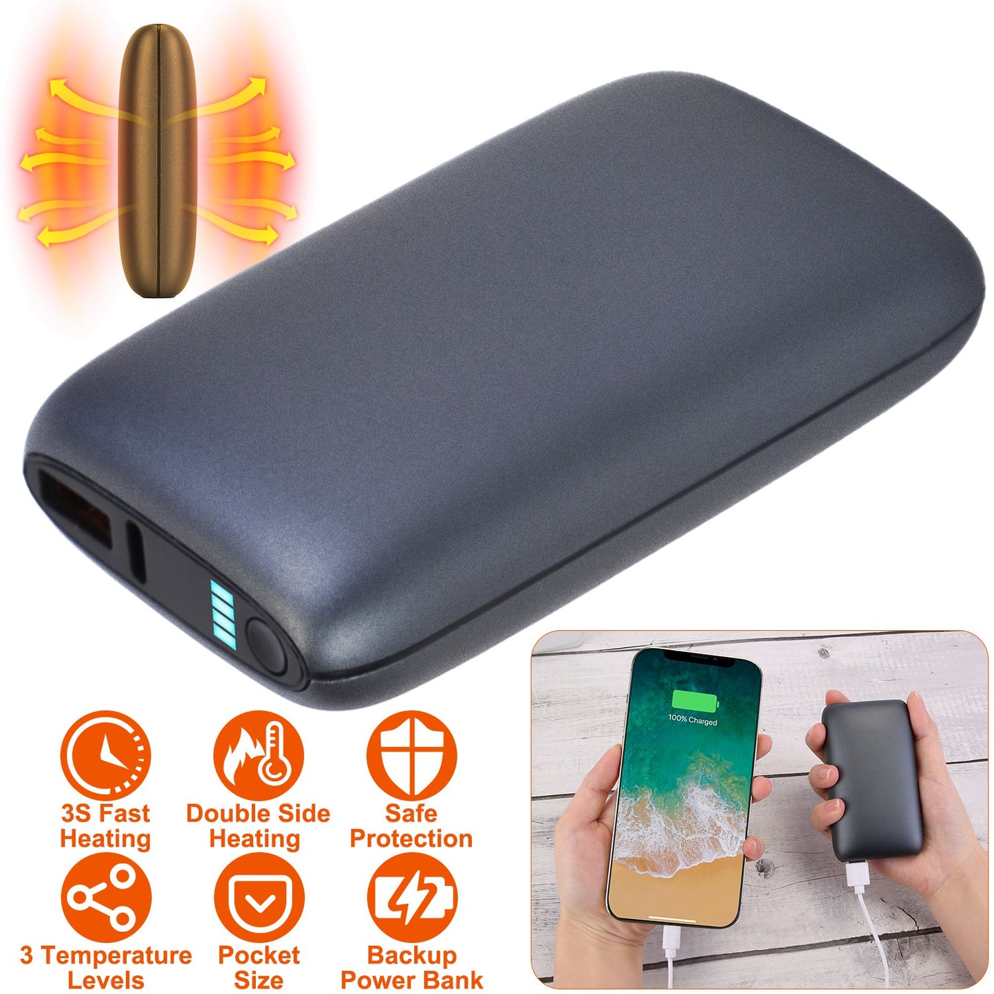 Rechargeable Electric Hand Warmer with 3 Temperature Levels - Grey