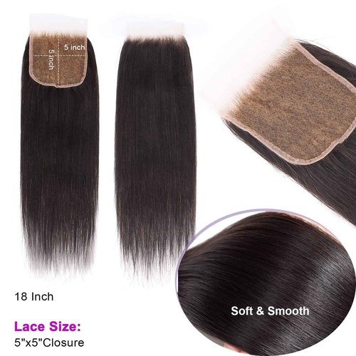 MY SHINY WIGS Skinlike HD Lace Closure 5x5, Bleached Knots Pre Plucked Clean Hairline, Unprocessed Brazilian Virgin Human Hair, Straight, Natural Black, 14 Inch Closure Only