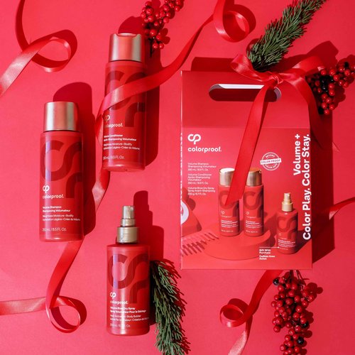 Colorproof Volume Holiday Gift Set — Volume Shampoo (8.5 Fl. Oz.), Volume Conditioner (8.5 Fl. Oz.), and Volume Blow Dry Spray Primer (6 Fl. Oz.) — White Nectarine Scent