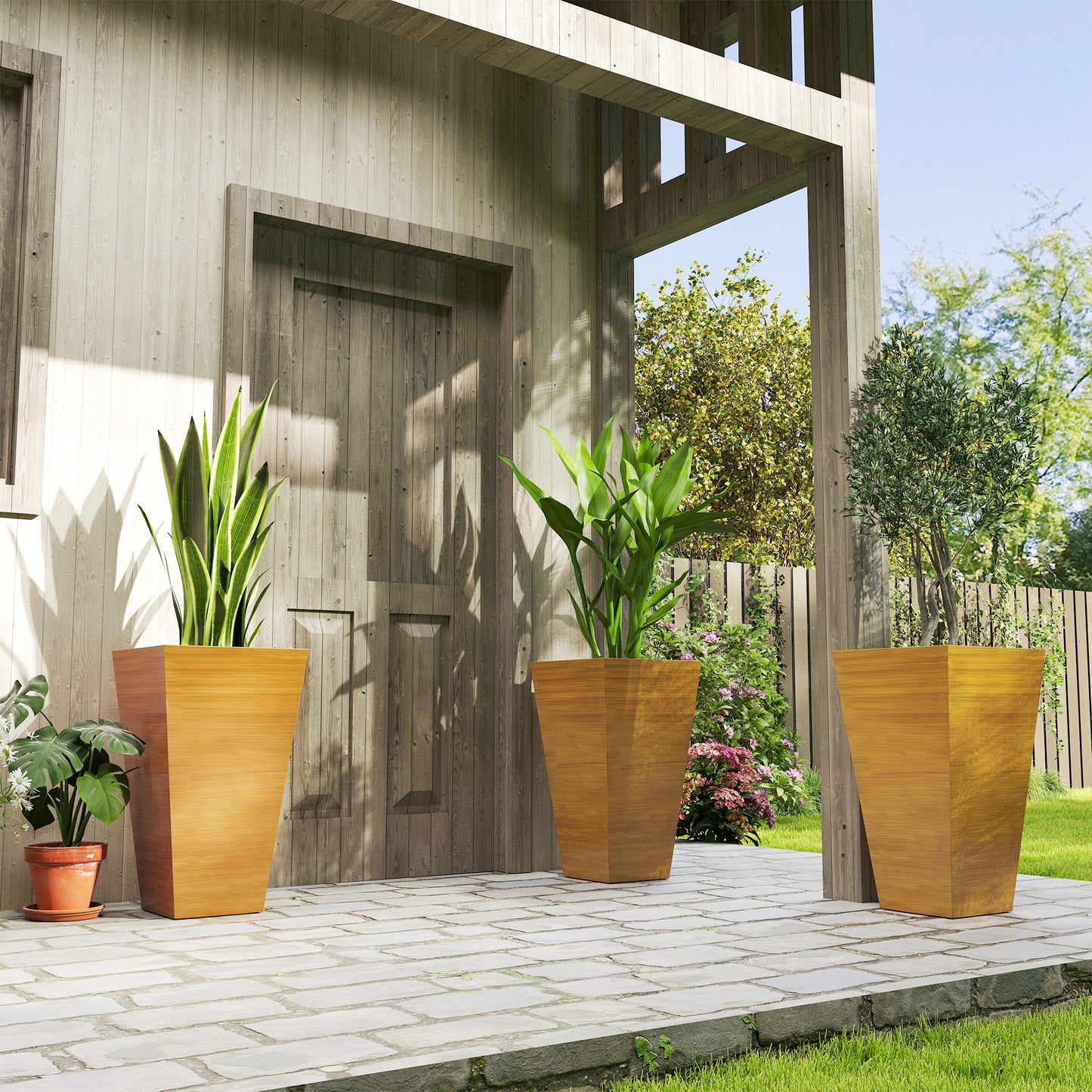 Set of 3 Tall Outdoor Planters 28 Inches with Drainage Holes Faux Wood Look
