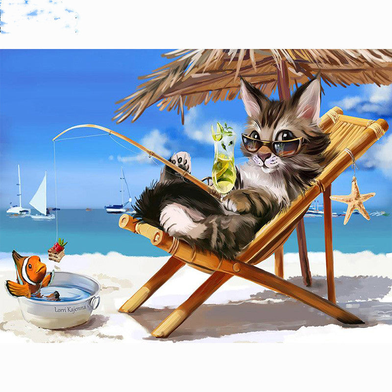 Diamond Painting Kit - Beach Fishing Cat Cross Stitch Art DIY Decor